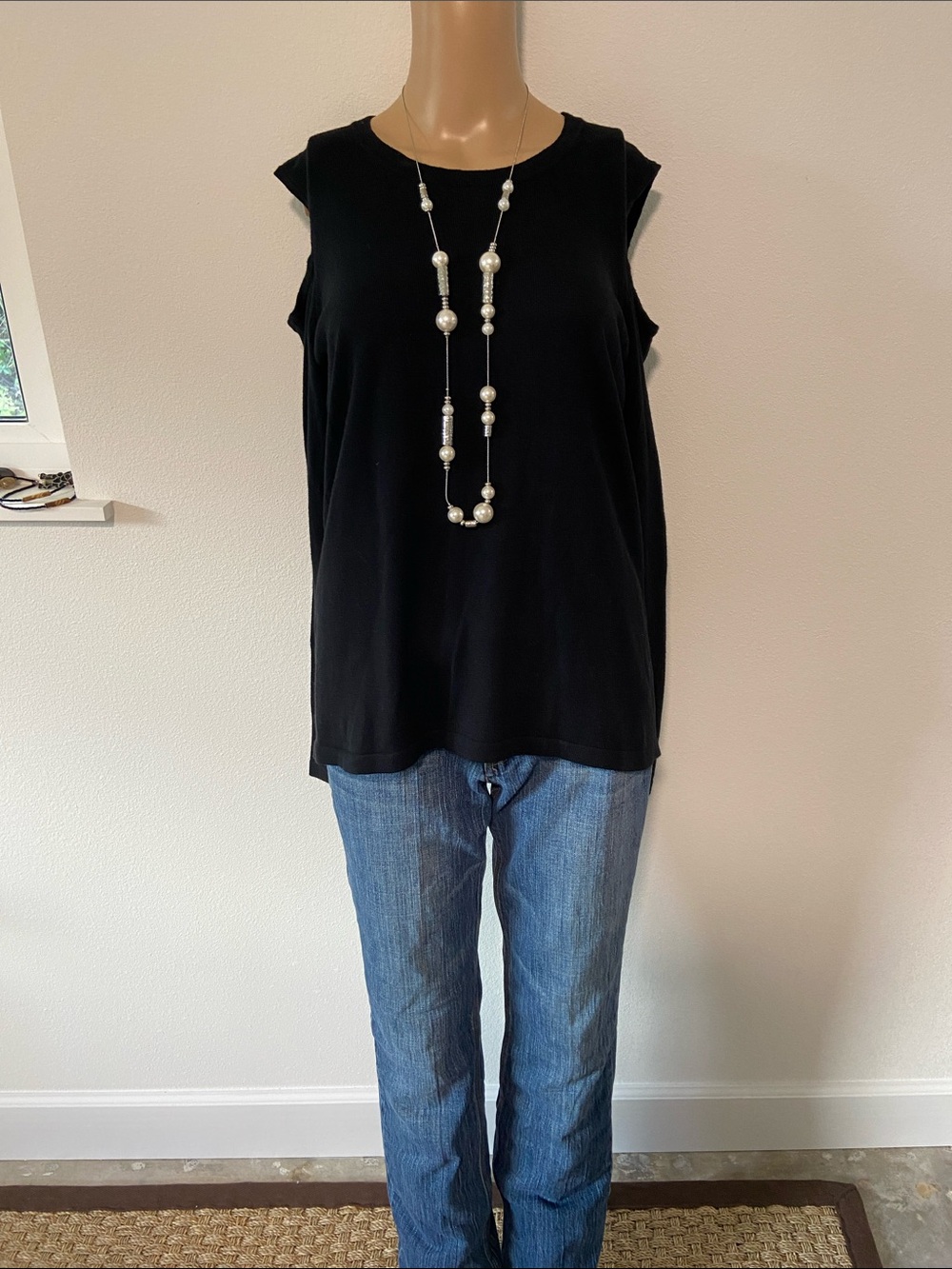 IMAN Black long sleeve with open shoulder lightweight top NWT Sz S
